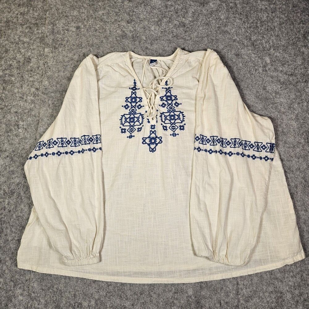 Old Navy Womens White Blue Embroidered Peasant Boho Festival Hippie Tunic Sz XL